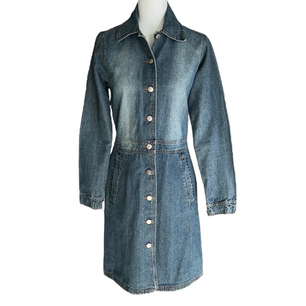 Naf Naf Paris Vintage Distressed Denim Jean Button Long Sleeve Mini Midi Dress M